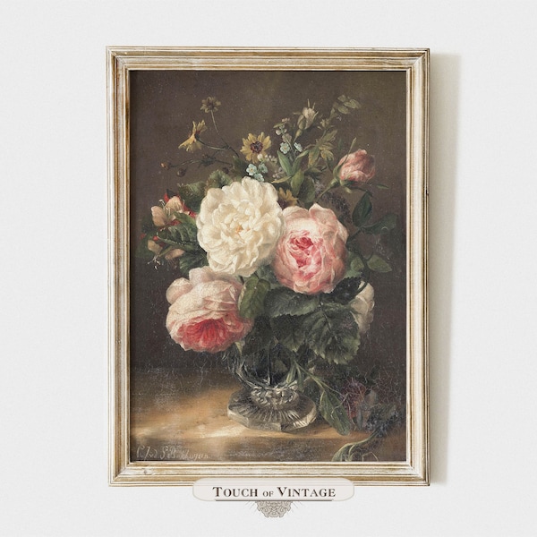Printable vintage painting of a floral still life, pastel pink roses print, shabby chic decor, instant download #BT037