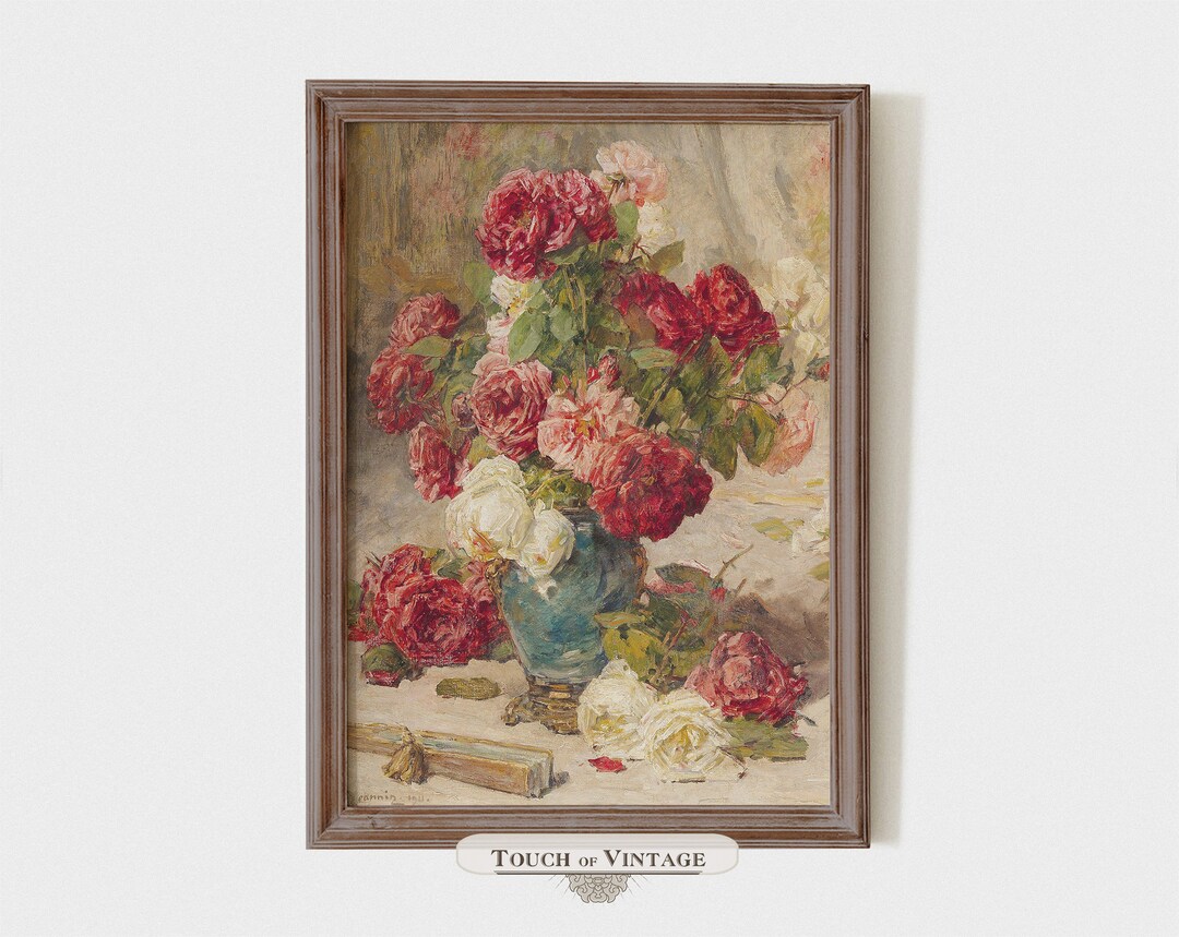 Printable Vintage Painting of a Floral Still Life, Bouquet of Red Roses ...
