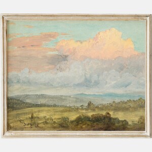 Vintage Ölgemälde einer Landschaft im Hudsontal mit rosa Wolken, antikes Bauernhaus Druck, rustikales Dekor, Sofort download #LA007