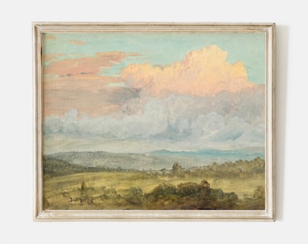 Printable vintage oil painting of a Hudson valley landscape with pink clouds, antique Farmhouse print, rustic decor, instant download #LA007