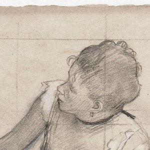 K&ouml;nnte beinhalten: Eine Bleistiftzeichnung eines jungen Kindes, Kopf und Schultern, das Kind schaut nach links, die Zeichnung ist auf hellbraunem Papier.