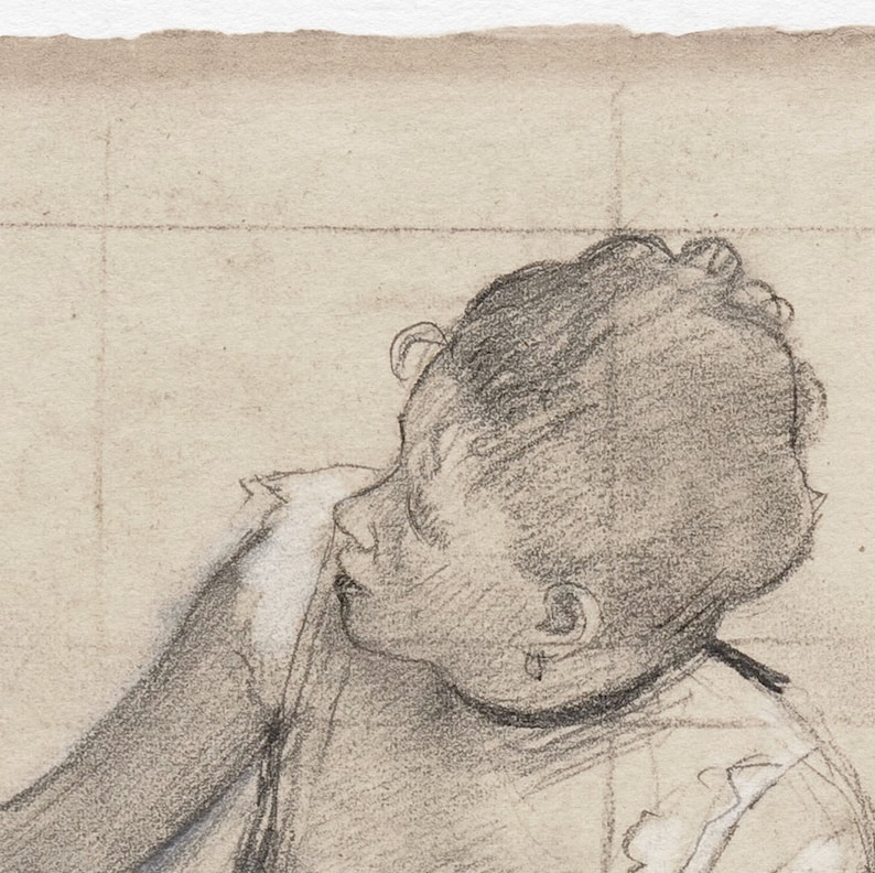 K&ouml;nnte beinhalten: Eine Bleistiftzeichnung eines jungen Kindes, Kopf und Schultern, das Kind schaut nach links, die Zeichnung ist auf hellbraunem Papier.