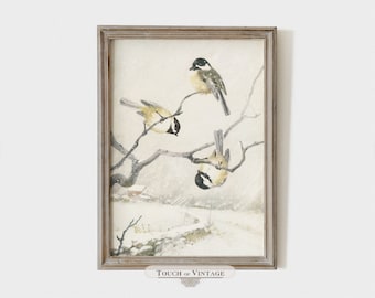 Vintage Ölgemälde von kleinen Vögeln im Schnee, neutrale Winterbilder, Waldbilder Winterbilder, sofort download #WT025