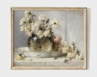 Printable vintage oil painting of a bouquet of white roses, French country decor, pastel floral still life, instant download #BT001