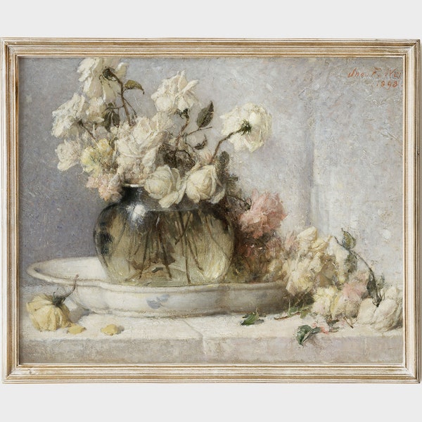 Printable vintage oil painting of a bouquet of white roses, French country decor, pastel floral still life, instant download #BT001