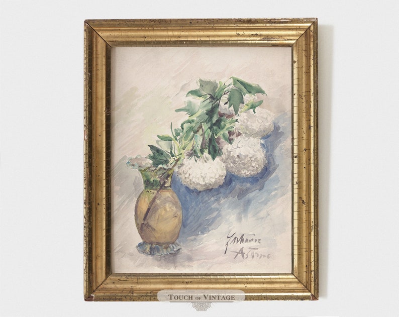 shabby chic flower print antique floral wall art instant download #BT044 Printable vintage watercolor painting of white hydrangeas