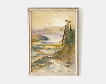 Printable vintage watercolour painting of Yellowstone National Park, antique landscape print, rustic wall decor, instant download #LA002