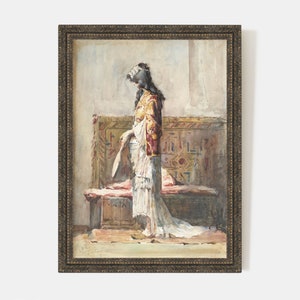 Printable Vintage Arabic watercolour painting of a lady in a kaftan, Antique Moroccan art print, instant download #AS035