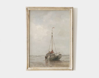Printable Vintage oil painting of a fishing boat, Coastal wall art, antique beach print, neutral seascape, instant download #CS012