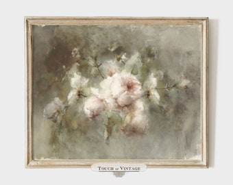 Printable vintage watercolor painting of pastel pink roses, antique floral wall art, shabby chic flower print, instant download #BT017