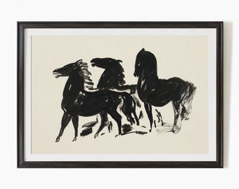 Printable Vintage abstract painting of a group of horses, Antique equestrian print, instant download #SK001