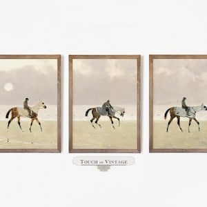 Vintage Coastal equestrian print set, set of 3 neutral horse prints, Beach house decor instant download #S008