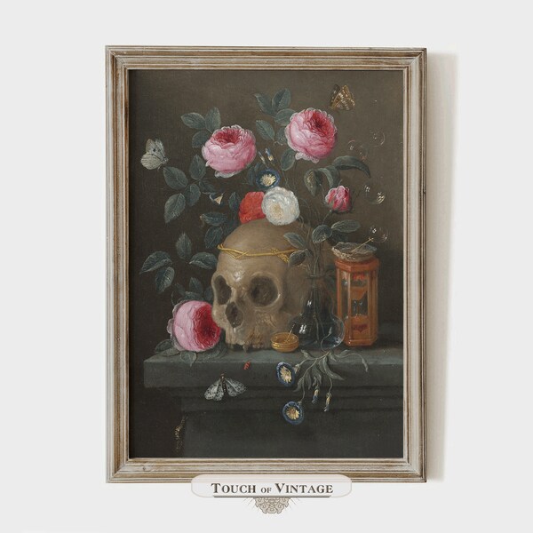 Printable vintage oil painting, moody Vanitas still life with a skull and roses, Dutch Golden Age print, instant download #SL009