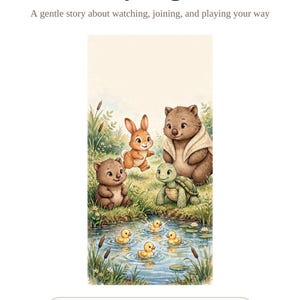 Op de afbeelding: Een kinderboekcover getiteld Mimo Learns to Play Together door Hannah Martin. De illustratie toont een bruin konijn, een schildpad en twee bruine harige wezens bij een vijver met vier zwemmende gele eendjes in het water.