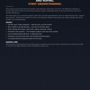May include: A dark blue book cover with a grid pattern background. The white and orange text reads: STOP PRESSING PRINT AND HOPING. START UNDERSTANDING. It includes a summary of 3D printing guides by Aaron Lime, covering first layers, Z-offset, slicer settings, and technical diagrams.