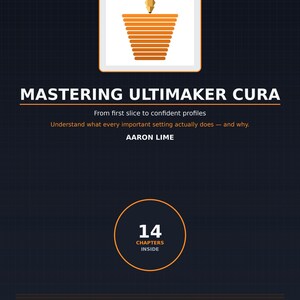 Op de afbeelding: Een boekomslag getiteld Mastering Ultimaker Cura door Aaron Lime. De omslag bevat een afbeelding van een 3D-printermondstuk dat oranje filament in een kegelvorm extrudeert. De tekst bevat From first slice to confident profiles en 14 CHAPTERS INSIDE.
