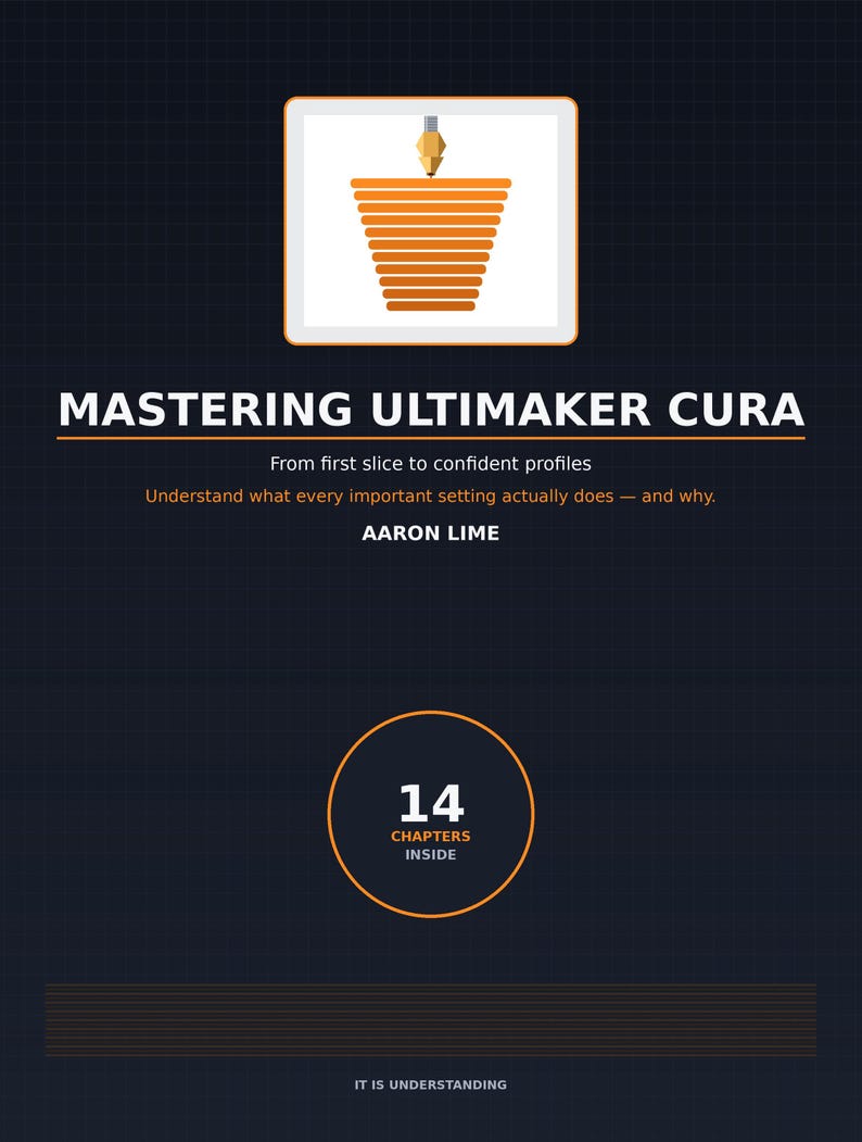 Op de afbeelding: Een boekomslag getiteld Mastering Ultimaker Cura door Aaron Lime. De omslag bevat een afbeelding van een 3D-printermondstuk dat oranje filament in een kegelvorm extrudeert. De tekst bevat From first slice to confident profiles en 14 CHAPTERS INSIDE.