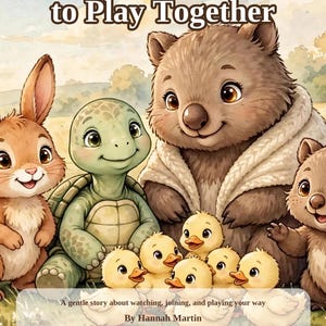 Op de afbeelding: Een kinderboekcover getiteld Mimo Learns to Play Together door Hannah Martin, bewerkt door Aaron Lime. De illustratie toont een bruin konijn, een groene schildpad, twee bruine wombats en vier gele eendjes in een veld vol bloemen.
