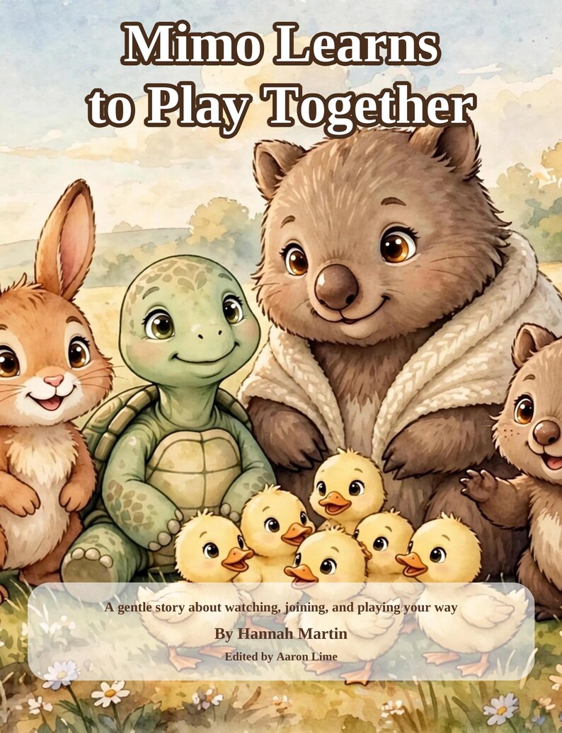 Op de afbeelding: Een kinderboekcover getiteld Mimo Learns to Play Together door Hannah Martin, bewerkt door Aaron Lime. De illustratie toont een bruin konijn, een groene schildpad, twee bruine wombats en vier gele eendjes in een veld vol bloemen.