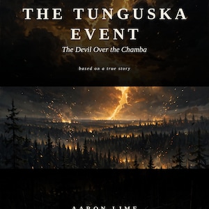 Pu&ograve; includere: Una copertina di libro intitolata The Tunguska Event: The Devil Over the Chamba, based on a true story, di Aaron Lime. L'illustrazione mostra un cielo scuro e tempestoso con un fulmine dorato che illumina un paesaggio boschivo pieno di fuoco.