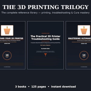 May include: A set of three books titled The 3D Printing Trilogy, including Understand Your 3D Printer, The Practical 3D Printer Troubleshooting Guide, and Mastering Ultimaker Cura by Aaron Lime, featuring orange icons and text on dark backgrounds.