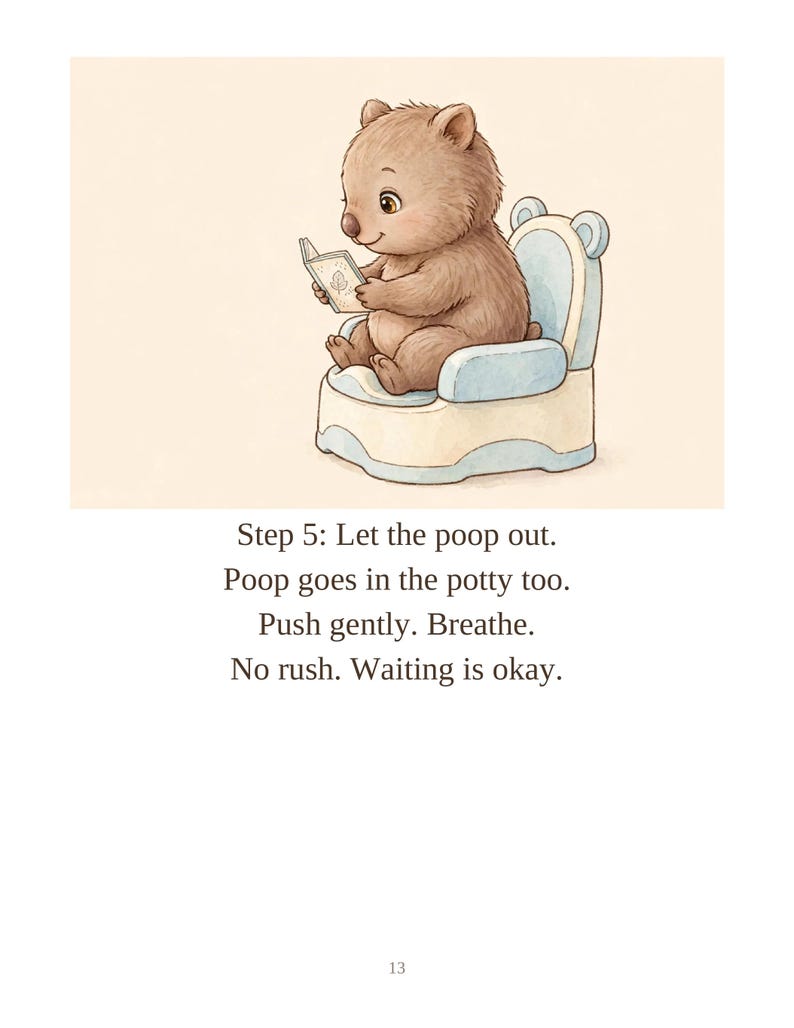 Pode incluir: Um wombat castanho de desenho animado sentado num bacio azul-claro e creme enquanto l&ecirc; um pequeno livro. O texto diz: Step 5: Let the poop out. Poop goes in the potty too. Push gently. Breathe. No rush. Waiting is okay. O n&uacute;mero 13 est&aacute; em baixo.