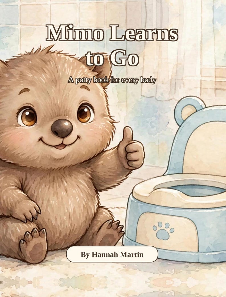 Pode incluir: Uma capa de livro infantil intitulada Mimo Learns to Go: A potty book for every body por Hannah Martin. A ilustra&ccedil;&atilde;o apresenta um wombat de desenho animado castanho e peludo fazendo um sinal de positivo ao lado de um penico de pl&aacute;stico azul claro e creme.