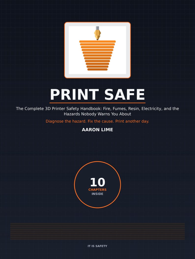 May include: A book cover titled PRINT SAFE, The Complete 3D Printer Safety Handbook: Fire, Fumes, Resin, Electricity, and the Hazards Nobody Warns You About by Aaron Lime. It features an orange 3D printed cone graphic and a circle stating 10 CHAPTERS INSIDE.