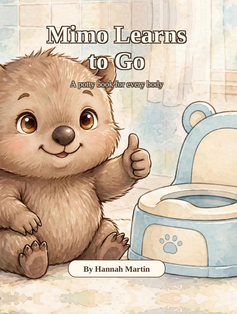 Pode incluir: Um livro infantil intitulado Mimo Learns to Go: A potty book for every body de Hannah Martin. A capa apresenta um wombat de desenho animado castanho e peludo a fazer um sinal de positivo ao lado de um bacio de pl&aacute;stico azul claro e creme.