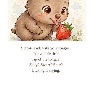 May include: A brown cartoon wombat with large eyes and a pink tongue sticking out, reaching towards a red strawberry. Below the illustration, the text reads: Step 4: Lick with your tongue. Just a little lick. Tip of the tongue. Salty? Sweet? Sour? Licking is trying. The number 13 is at the bottom.