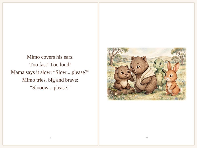 Op de afbeelding: Een kinderboekpagina met de tekst: Mimo covers his ears. Too fast! Too loud! Mama says it slow: Slow... please? Mimo tries, big and brave: Slooow... please. Naast de tekst staat een illustratie van een wombatfamilie, een schildpad en een konijn.