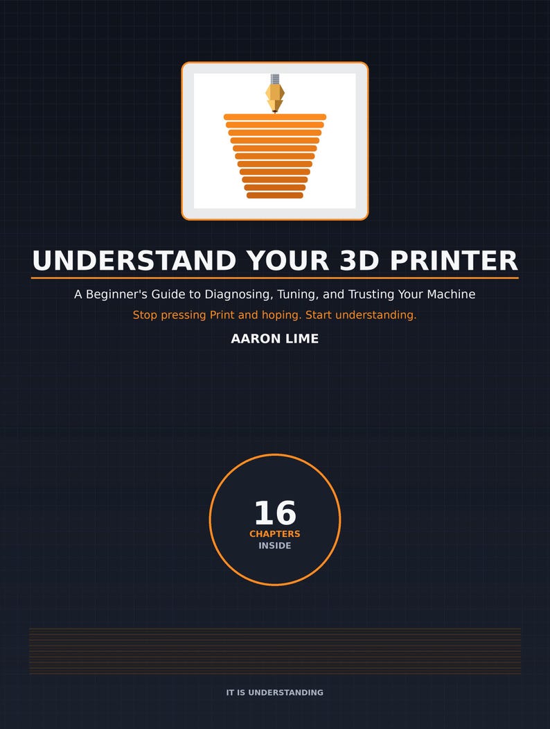 May include: A dark blue book cover titled UNDERSTAND YOUR 3D PRINTER by Aaron Lime. The cover features a graphic of an orange 3D printed cone, the subtitle A Beginner's Guide to Diagnosing, Tuning, and Trusting Your Machine, and 16 CHAPTERS INSIDE.