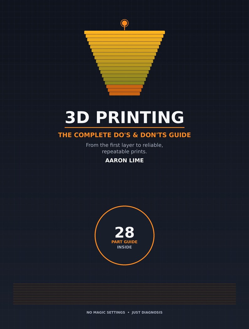 May include: A dark blue book cover titled 3D PRINTING THE COMPLETE DO'S & DON'TS GUIDE by AARON LIME. It features a yellow-to-orange gradient funnel graphic, a circle with the text 28 PART GUIDE INSIDE, and the text NO MAGIC SETTINGS &bull; JUST DIAGNOSIS.
