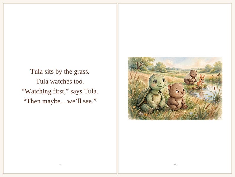 Op de afbeelding: Een boekpagina met de tekst: Tula sits by the grass. Tula watches too. Watching first, says Tula. Then maybe... we&rsquo;ll see. Naast de tekst staat een illustratie van een groene schildpad en een bruin harig wezen in een grasveld.