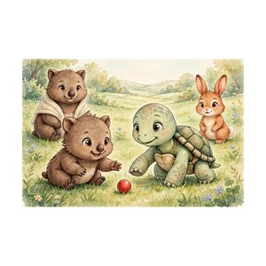 Op de afbeelding: Een aquarelillustratie met twee bruine wombats, een groene schildpad en een bruin konijn in een grasveld. E&eacute;n wombat draagt een lichtgekleurde sjaal. De dieren zijn verzameld rond een kleine rode bal. Het getal 21 staat onderaan afgebeeld.