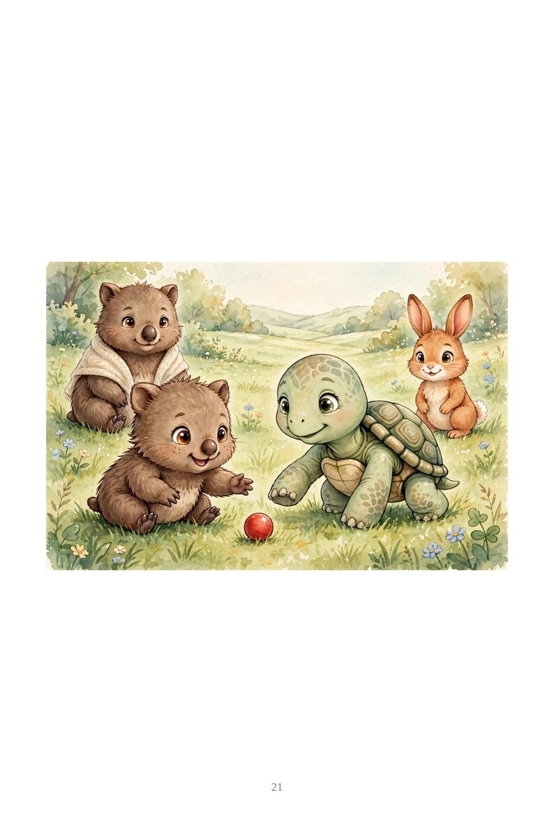 Op de afbeelding: Een aquarelillustratie met twee bruine wombats, een groene schildpad en een bruin konijn in een grasveld. E&eacute;n wombat draagt een lichtgekleurde sjaal. De dieren zijn verzameld rond een kleine rode bal. Het getal 21 staat onderaan afgebeeld.