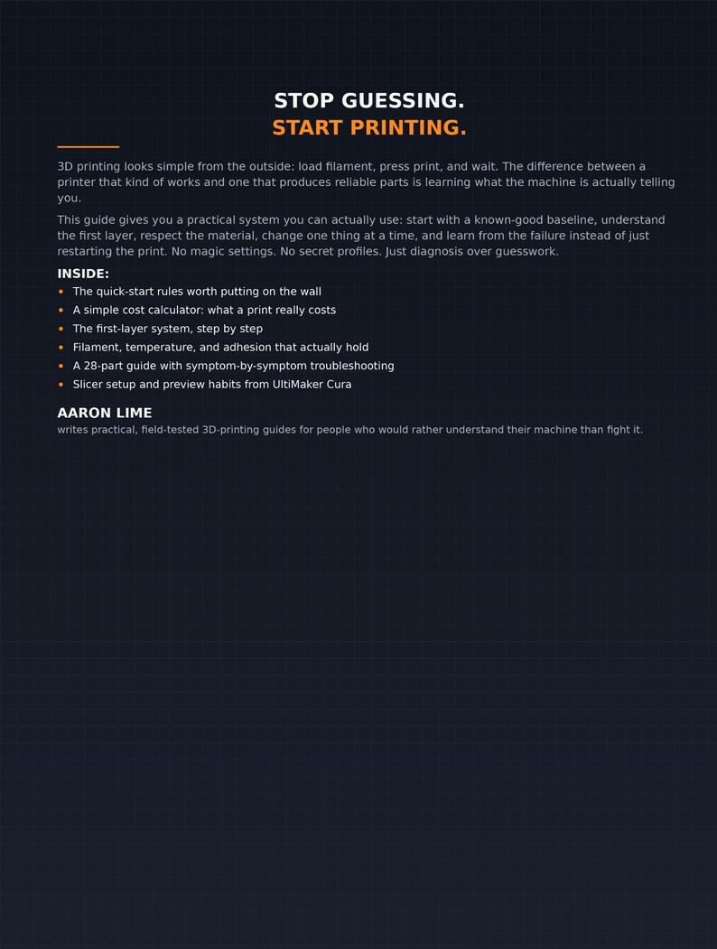 May include: A dark blue informational guide titled STOP GUESSING. START PRINTING. by Aaron Lime. The text outlines a 3D printing system, including quick-start rules, a cost calculator, a first-layer system, filament advice, and troubleshooting.
