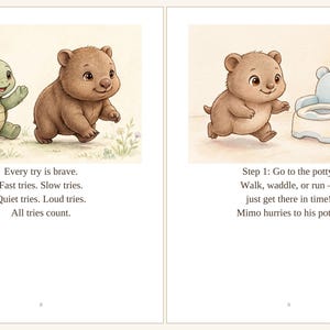 Pode incluir: Uma p&aacute;gina dupla de livro infantil com uma tartaruga verde e um wombat castanho. O texto &agrave; esquerda diz: Every try is brave. Fast tries. Slow tries. Quiet tries. Loud tries. All tries count. &Agrave; direita, um wombat corre para um bacio azul.