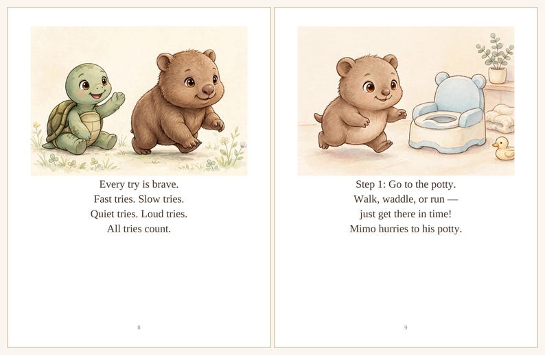 Pode incluir: Uma p&aacute;gina dupla de livro infantil com uma tartaruga verde e um wombat castanho. O texto &agrave; esquerda diz: Every try is brave. Fast tries. Slow tries. Quiet tries. Loud tries. All tries count. &Agrave; direita, um wombat corre para um bacio azul.