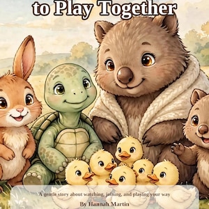 Picture book cover for Mimo Learns to Play Together: a watercolor illustration of a smiling baby wombat surrounded by a bunny, a green turtle, and yellow ducklings in a sunny flower-filled meadow, with the title in brown lettering at the top, the tagline "A gentle story about watching, joining, and playing your way," and the credit "By Hannah Martin, Edited by Aaron Lime" at the bottom.