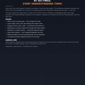 Op de afbeelding: Een donkerblauwe boekomslag met witte en oranje tekst die luidt: STOP GUESSING AT SETTINGS. START UNDERSTANDING THEM. De tekst beschrijft een gids voor 3D-printen, inclusief slicer-functies, laagdikte, ondersteuningsstructuren en temperatuurinstellingen.