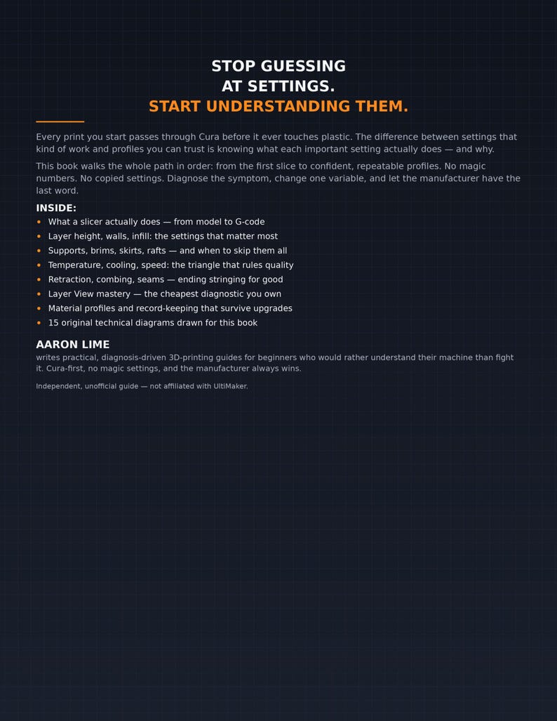 Op de afbeelding: Een donkerblauwe boekomslag met witte en oranje tekst die luidt: STOP GUESSING AT SETTINGS. START UNDERSTANDING THEM. De tekst beschrijft een gids voor 3D-printen, inclusief slicer-functies, laagdikte, ondersteuningsstructuren en temperatuurinstellingen.