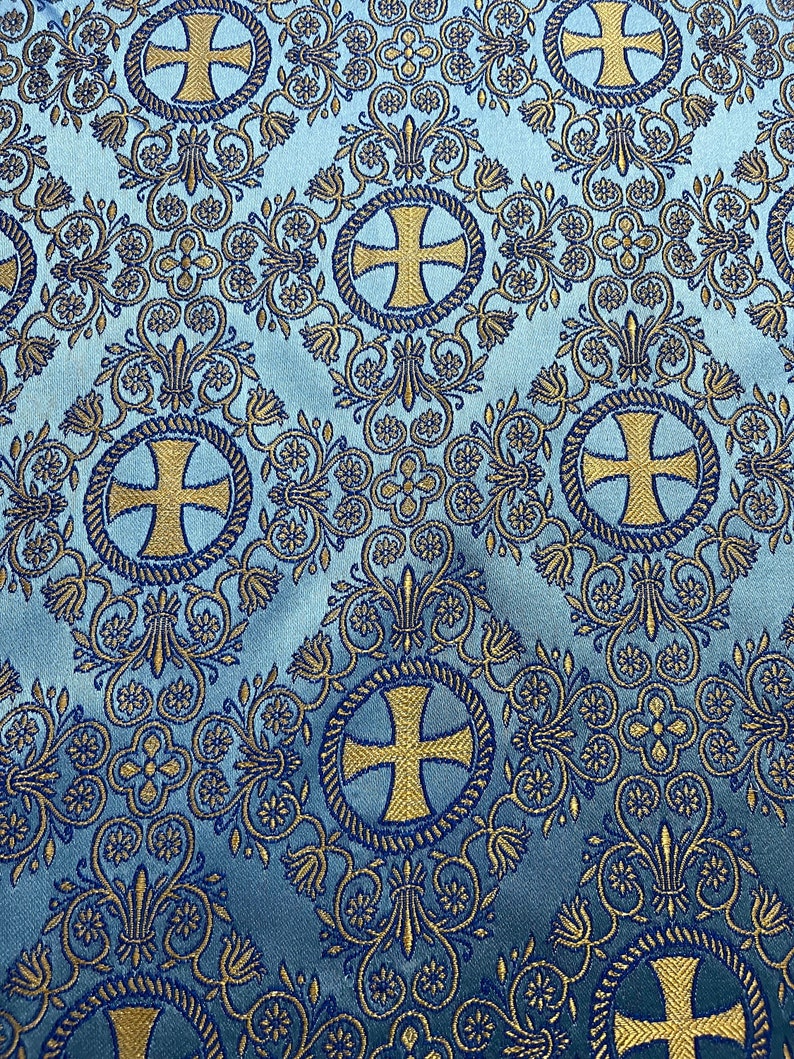 Brocart non métallique, Brocart floral, Tissus d'église, Tissu liturgique Light Blue/Gold