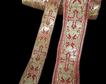 May include: Red and gold trim with a cross pattern. The trim is woven with a metallic thread and has a raised design.