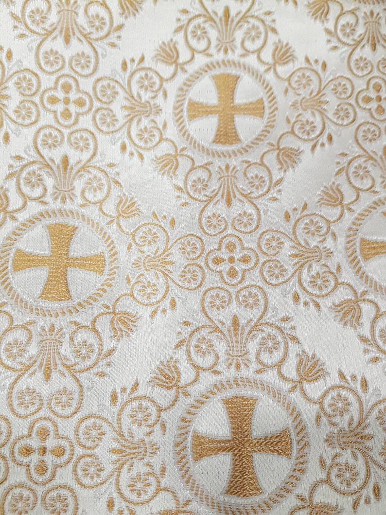 Brocart non métallique, Brocart floral, Tissus d'église, Tissu liturgique White/Gold