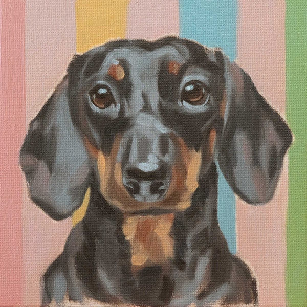 Oil painting, Dachshund, 15 x 15 cm, unique piece hand-painted, optionally with frame, berry color and pastel tones