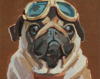 FINE ART PRINT on real handmade paper - quality print from the original in a picture frame, 10 x 10 cm, pug