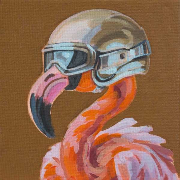 Original painting - hand painted - acrylic painting - 10 x 10 cm - unique piece - daily painting - with picture frame - flamingo