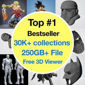 Può includere: Un collage di modelli e figurine 3D, tra cui personaggi di Dragon Ball Z e altre icone della cultura pop. L'immagine presenta il testo "Top #1 Bestseller" e dettagli su collezioni e dimensioni dei file.