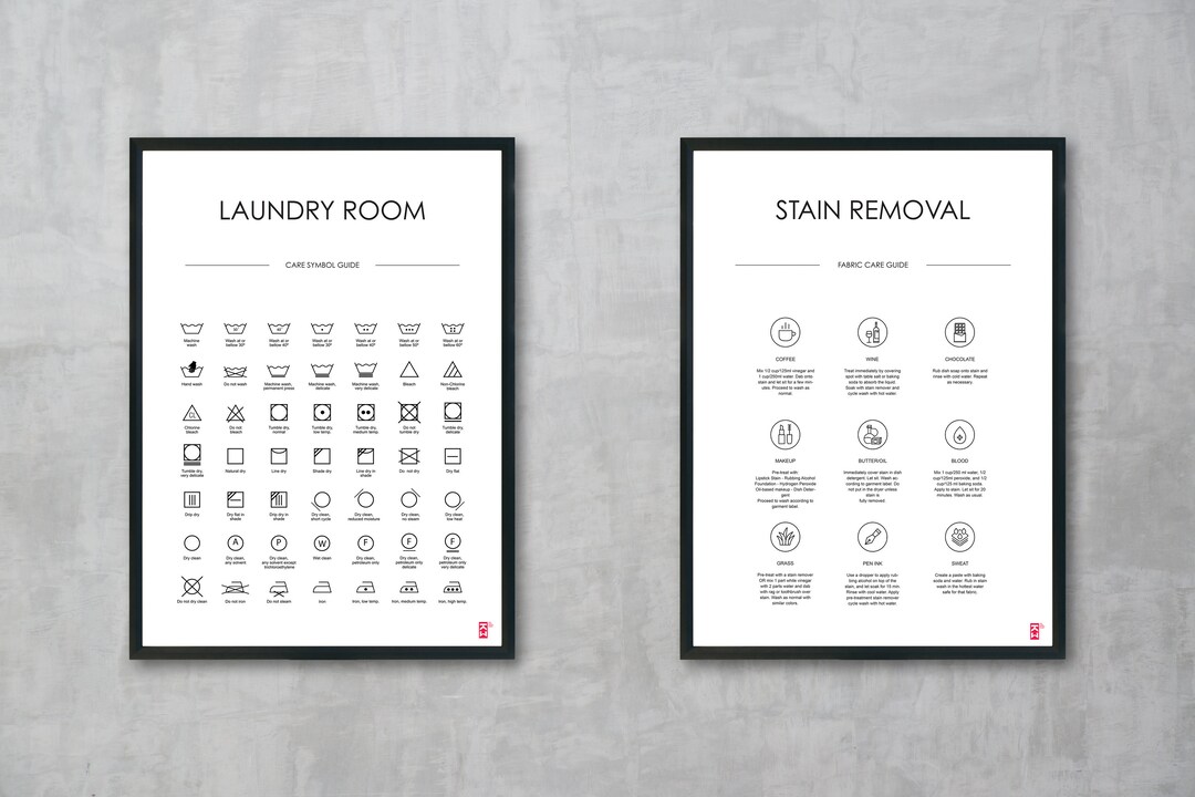 2 SET, Laundry Care Symbol Guide, Stain Removal, Printable Art, Laundry ...